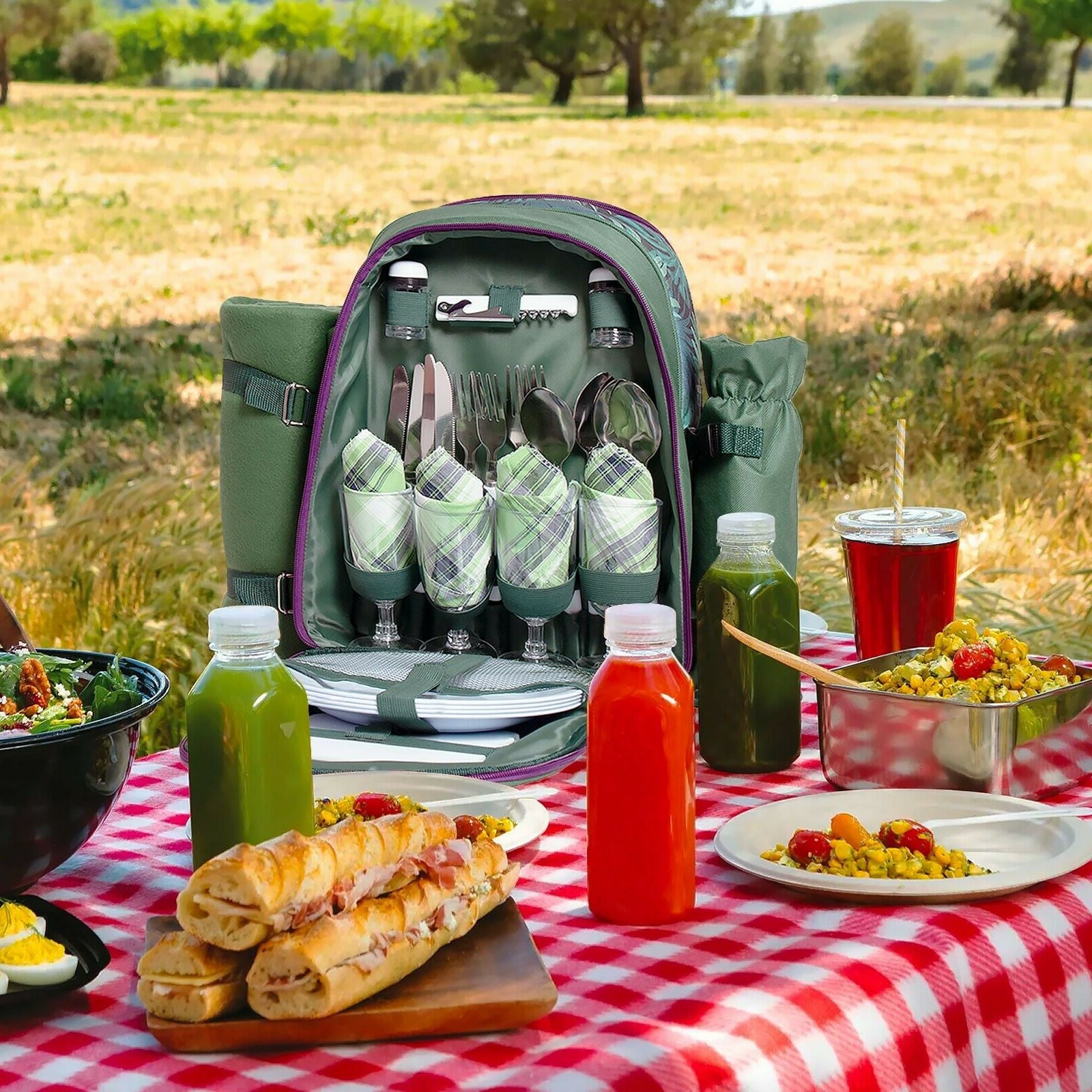 Picnic Backpack Set With Cutlery Kit Cooler Compartment Blanket For 4 Persons - Eagles Domain Coffee