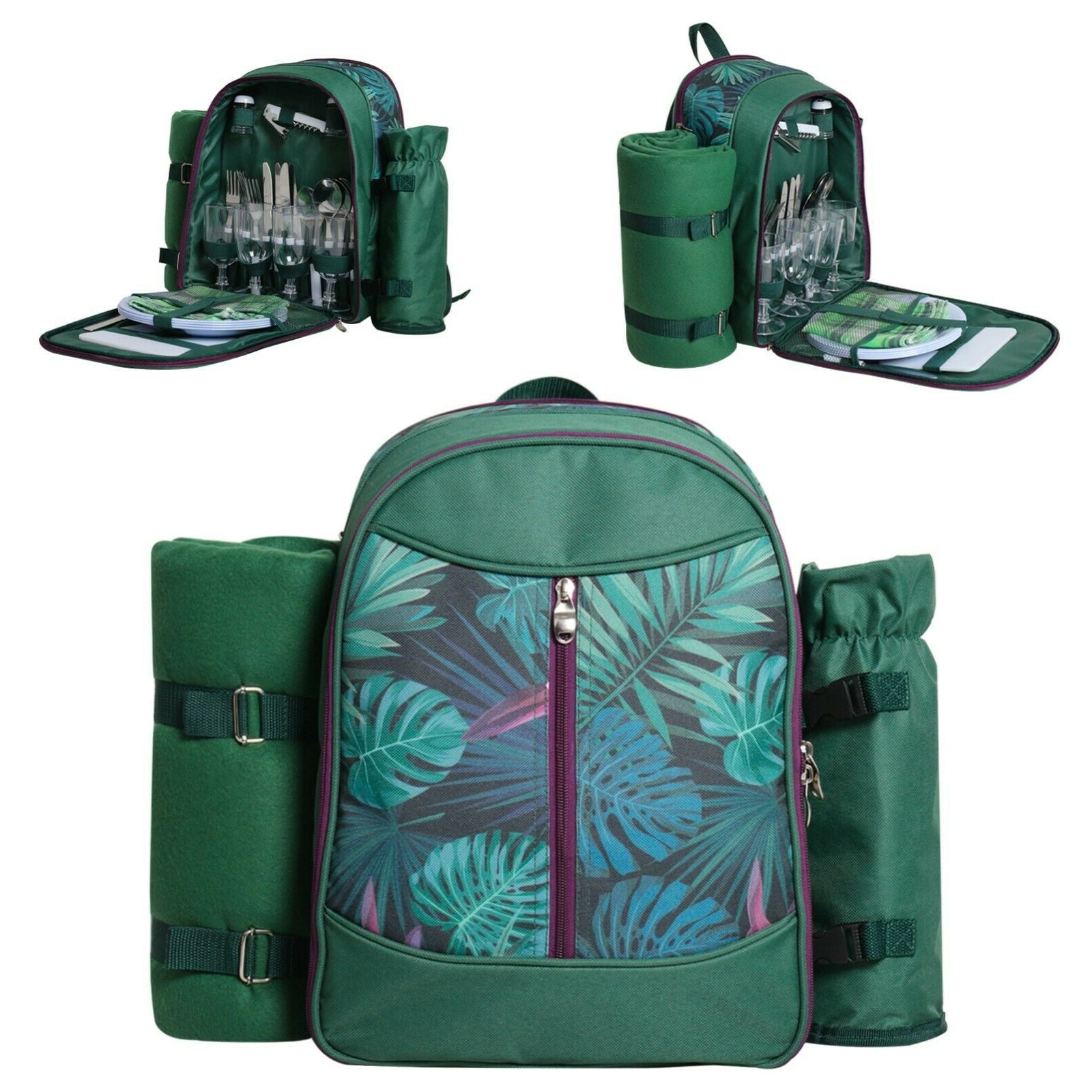 Picnic Backpack Set With Cutlery Kit Cooler Compartment Blanket For 4 Persons - Eagles Domain Coffee