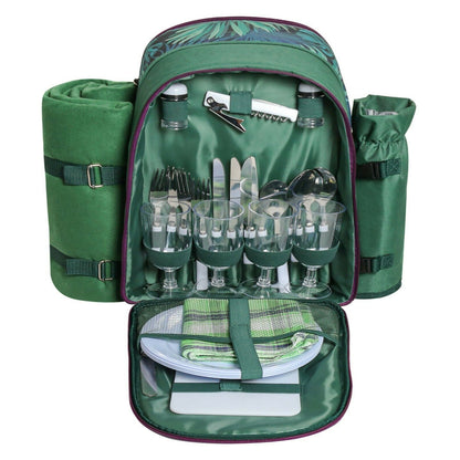 Picnic Backpack Set With Cutlery Kit Cooler Compartment Blanket For 4 Persons - Eagles Domain Coffee